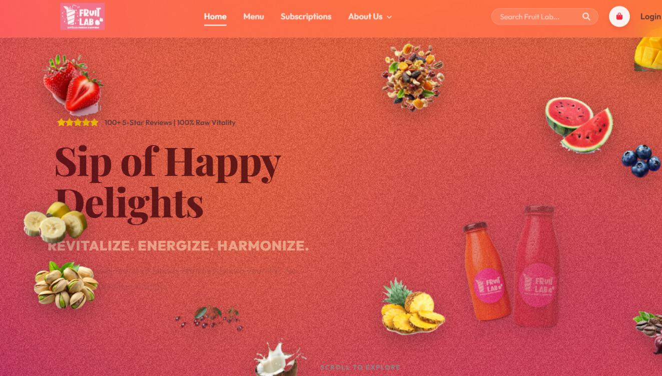 Fruit Lab cold-pressed juice e-commerce home page with floating-ingredient hero
