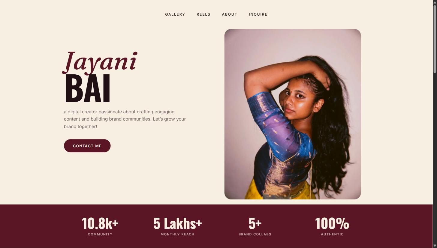 Jayani Bai creator portfolio website home page with stats-led hero