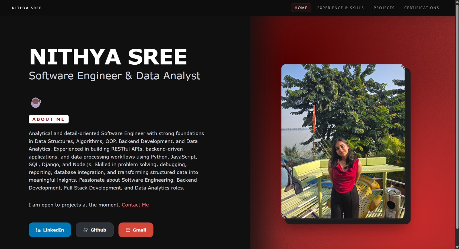 Nithya Sree personal brand portfolio website, split-color design